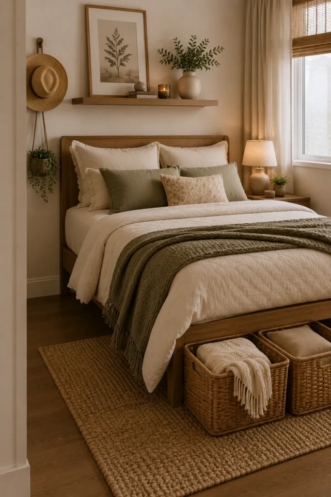 Cozy small bedroom styled with woven storage baskets that add texture and keep clutter organized
