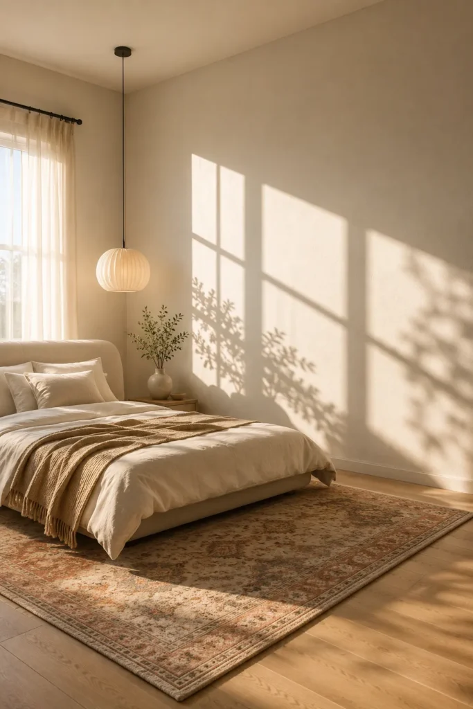 Stylish pendant light serving as a statement piece in a beautifully designed small bedroom