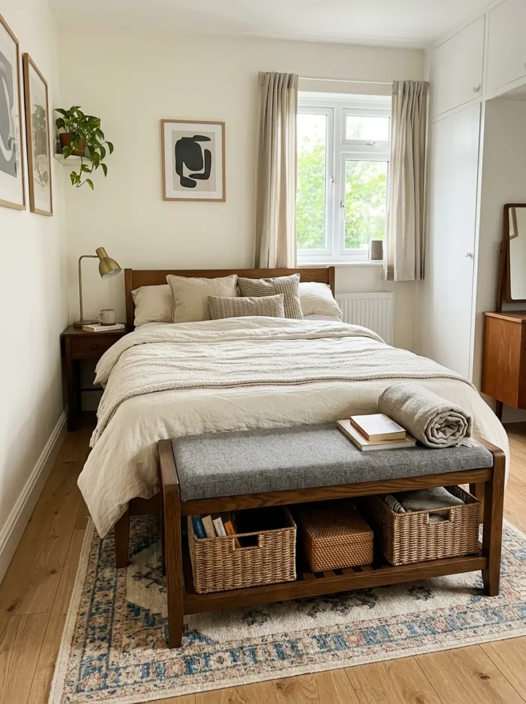 Small bedroom with a storage bench at the foot of the bed for hidden storage and extra seating