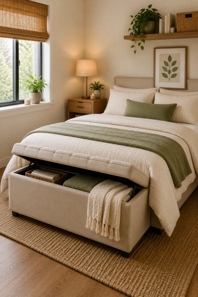 Cozy small bedroom with an upholstered storage ottoman providing hidden blanket and pillow storage