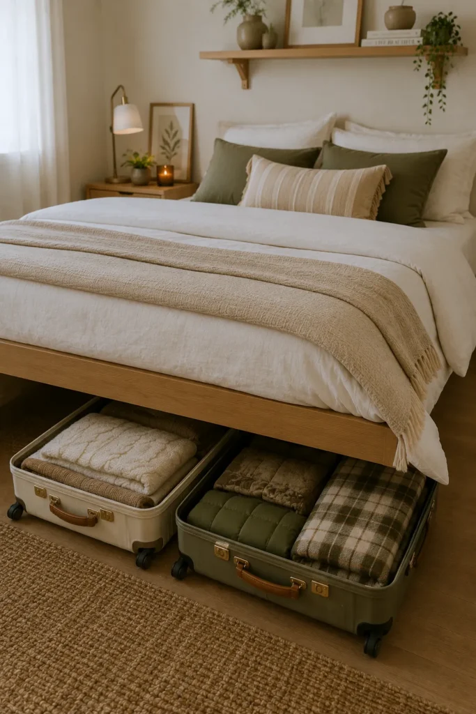 Small bedroom using suitcases under the bed to store seasonal blankets and extra linens efficiently