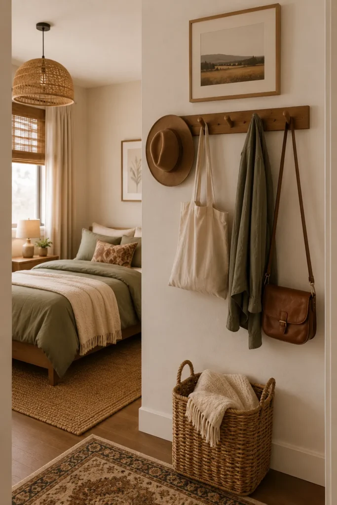 Small bedroom entry wall featuring stylish wood hooks for hanging bags hats and daily essentials