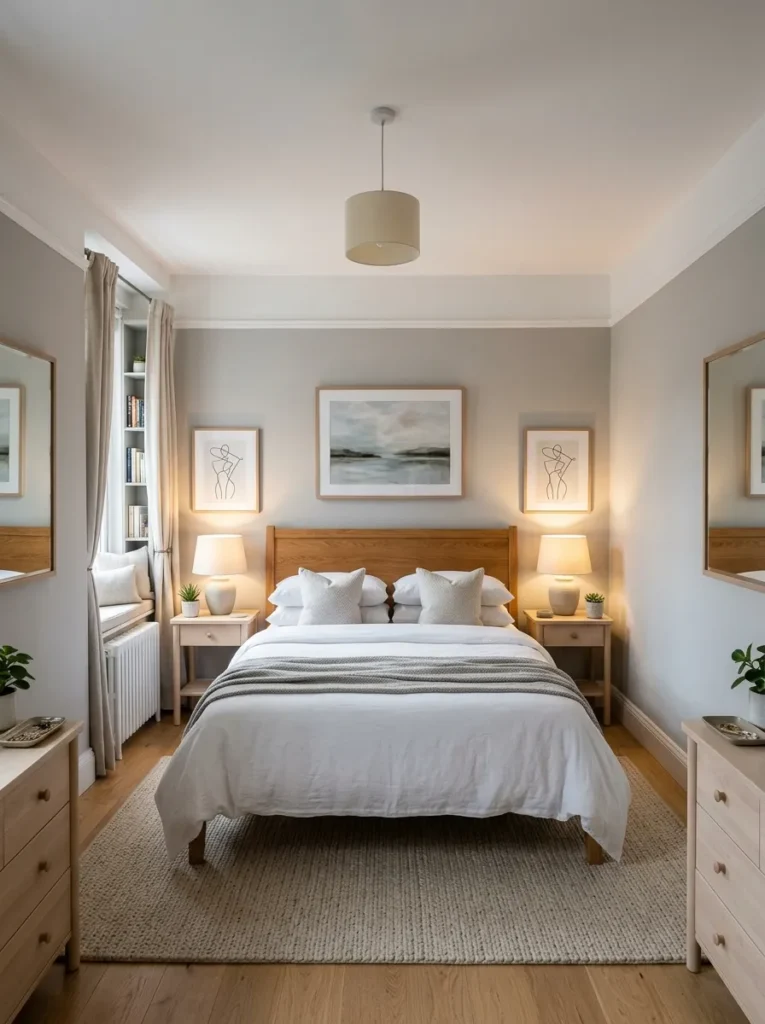 Symmetrical small bedroom layout with balanced furniture placement that creates a calm organized atmosphere