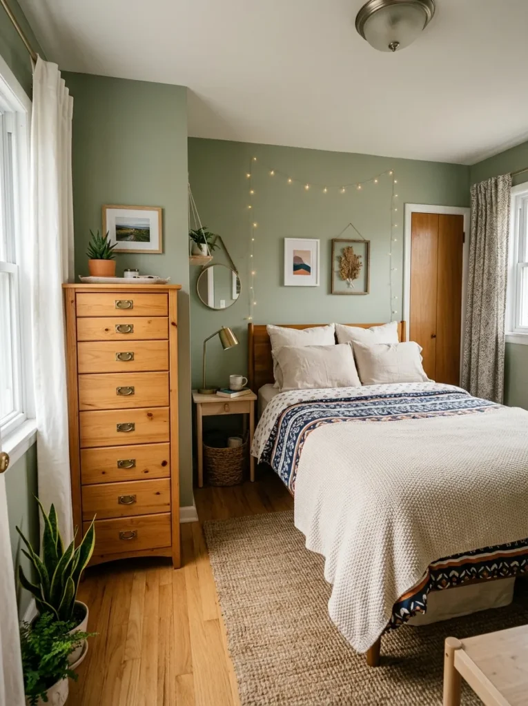 Small bedroom with a dresser placed inside the closet area to free up valuable floor space and improve organization