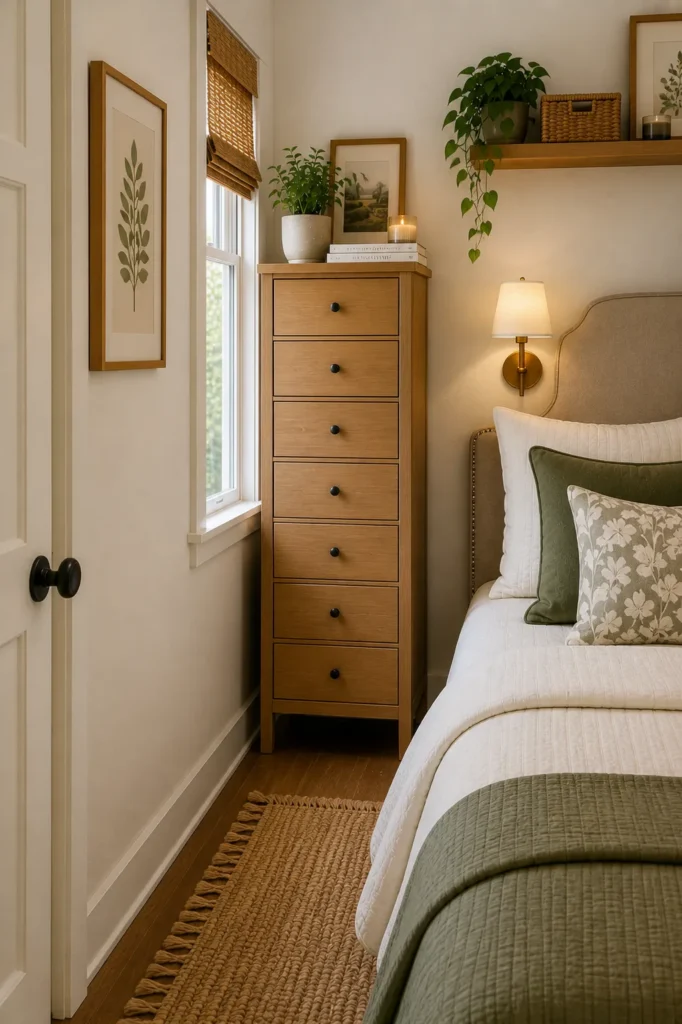 Narrow bedroom featuring a tall slim dresser that provides maximum storage in a compact footprint