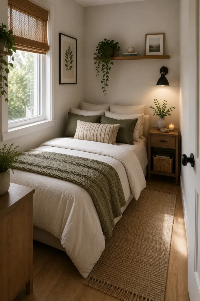 Tiny bedroom featuring a cozy corner bed layout that maximizes floor space and improves movement in an ultra-small room