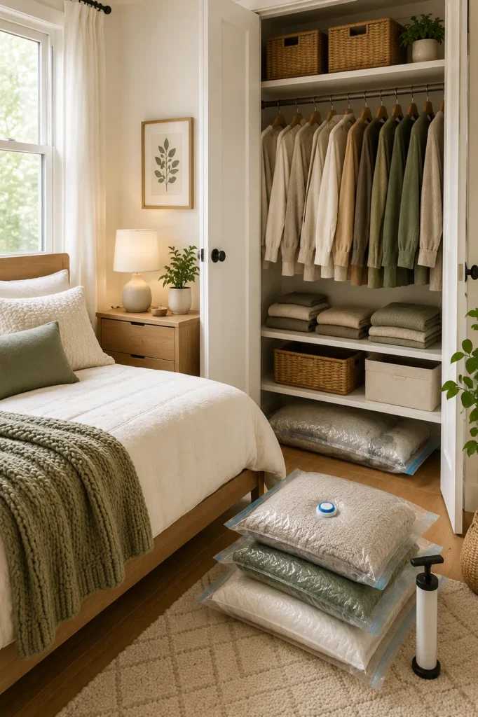 Organized bedroom storage area with vacuum-sealed bedding and seasonal clothing saving valuable closet space