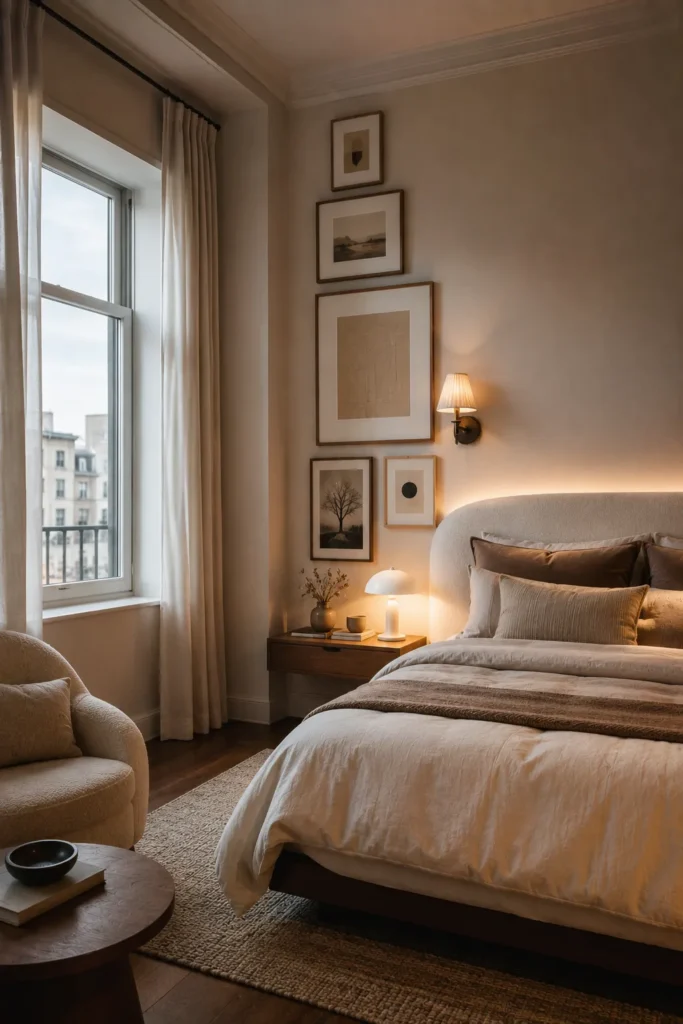 Vertical wall art arrangement drawing the eye upward and making a small bedroom feel taller