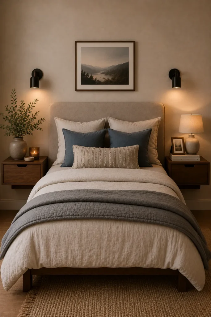 Cozy bedroom with wall-mounted sconces and floating nightstands creating a clean space-saving layout