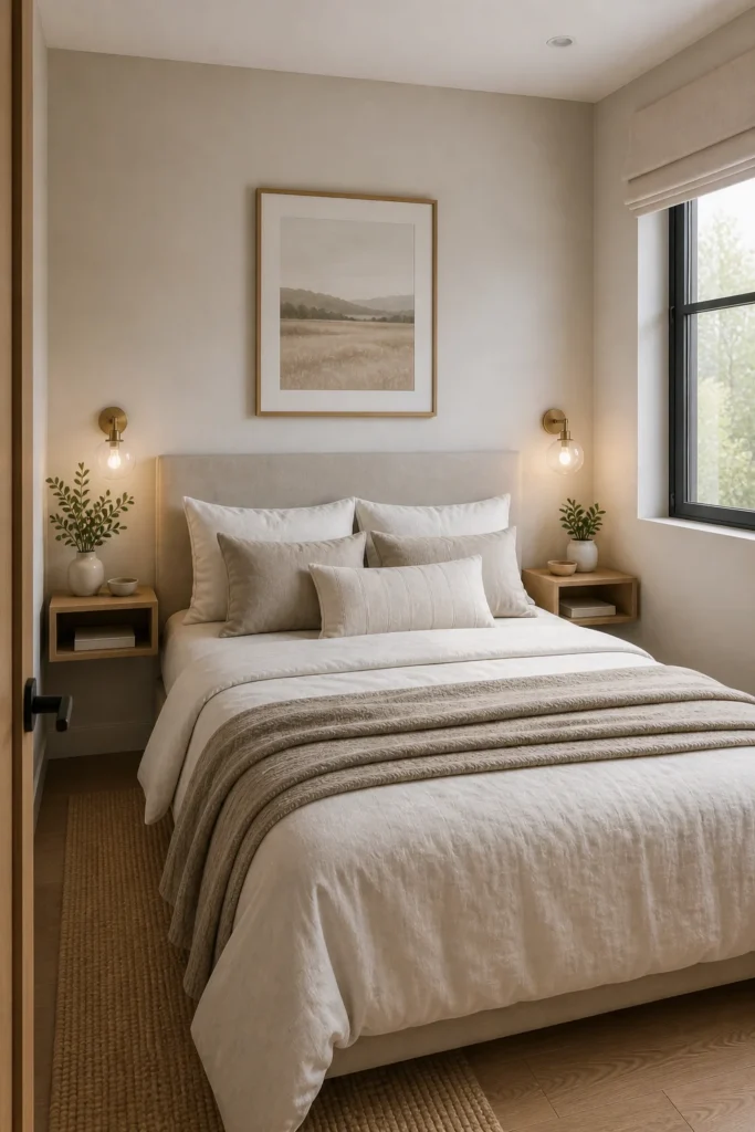 Tiny bedroom with floating nightstands that save floor space and create a clean modern look