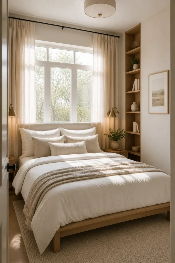 Modern wall sconces above floating nightstands freeing up bedside space in a compact bedroom