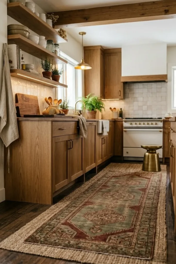 Cozy kitchen with vintage runner rug, warm wood finishes, and soft textures that make the space feel inviting.