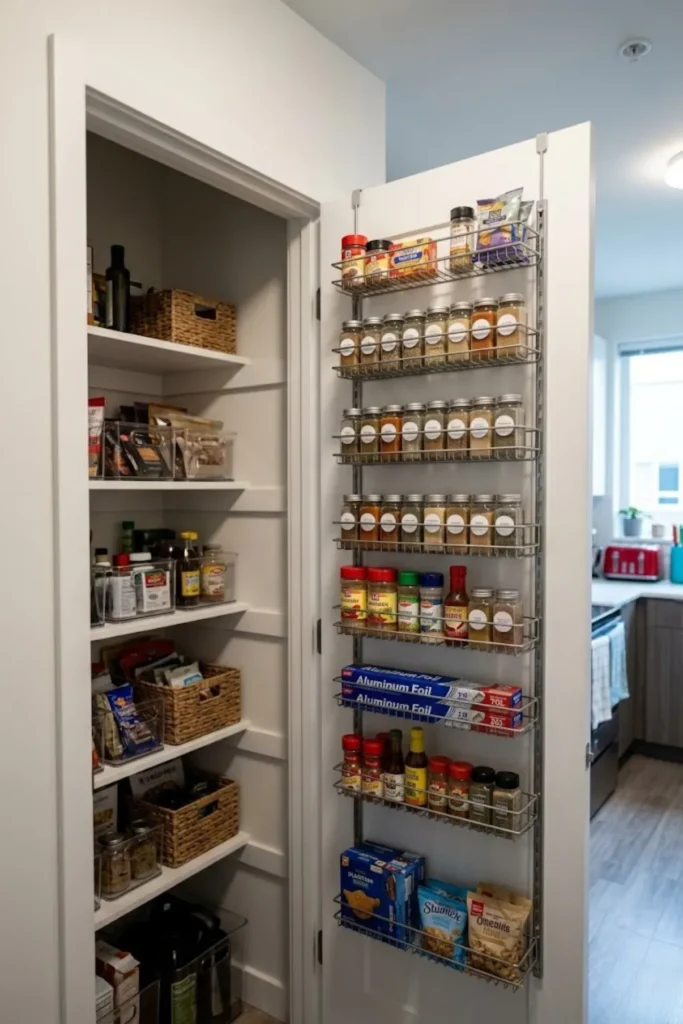 Small pantry door fitted with storage racks holding spices, snacks, condiments, and kitchen essentials.