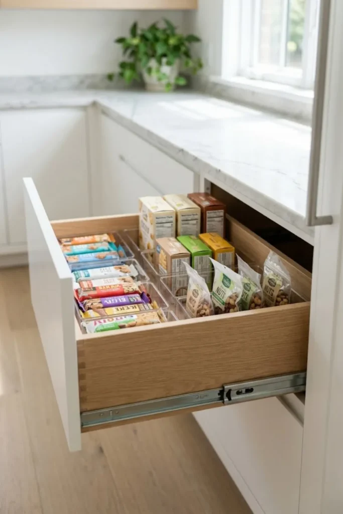 Small pantry with pull-out storage drawers organizing canned goods, snacks, and cooking ingredients for easy access.