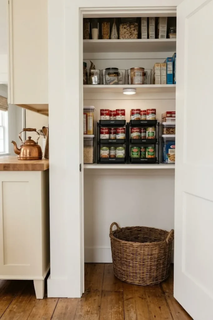 Neatly organized pantry with stackable can organizers maximizing shelf space and improving visibility.