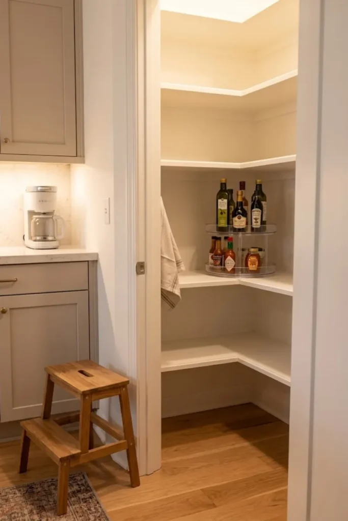 Compact pantry featuring lazy Susan organizers for spices, oils, sauces, and condiments on pantry shelves.