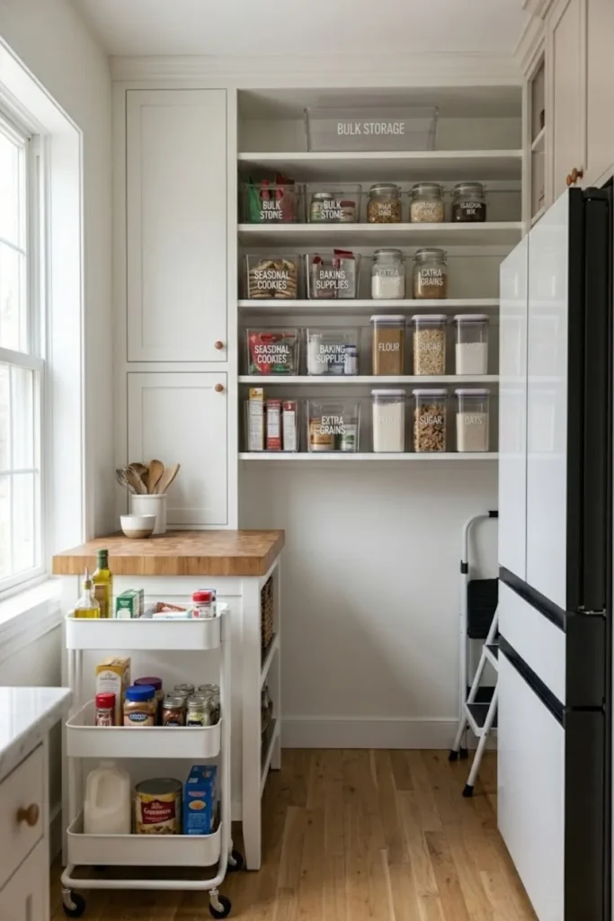 Pantry upper shelves organized with bulk groceries, holiday dishes, and seasonal kitchen storage bins.