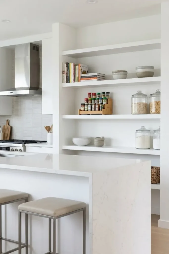 Compact pantry featuring tiered spice organizers displaying labeled spice jars for easy cooking access.