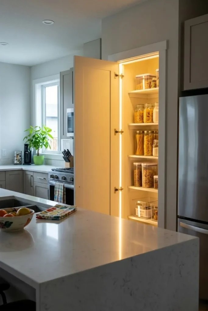 Small pantry illuminated with LED lighting highlighting organized shelves and kitchen storage solutions.