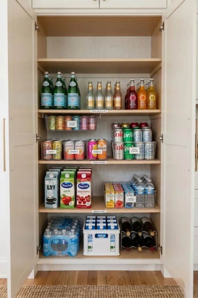 Organized pantry beverage station with bottled water, canned drinks, coffee supplies, and juice storage.