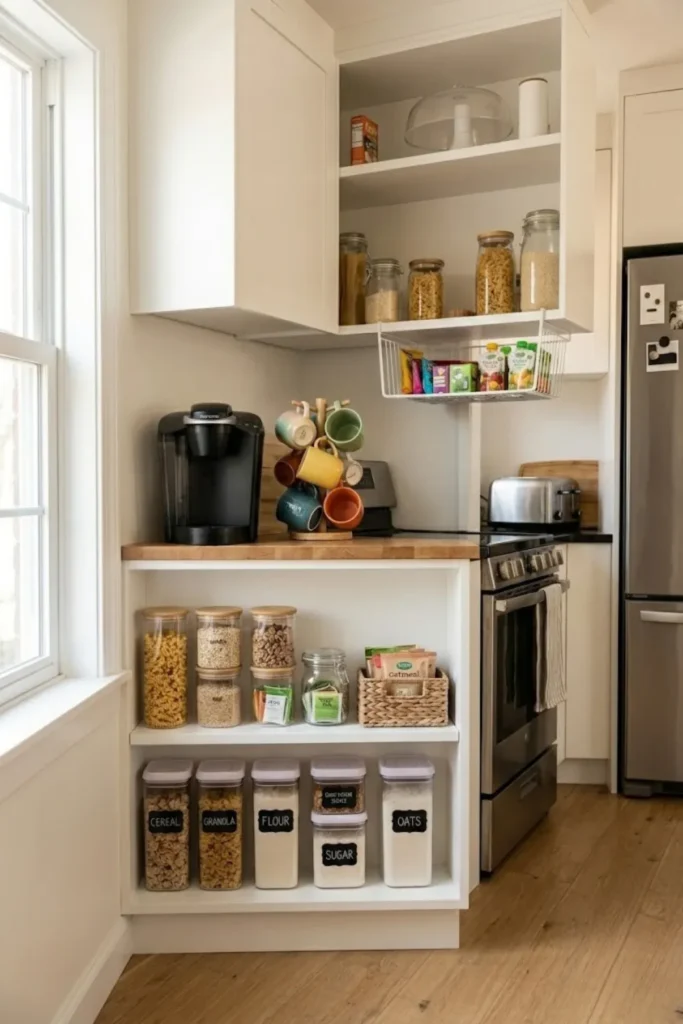 Pantry breakfast station with cereal containers, coffee supplies, mugs, tea storage, and organized morning essentials.