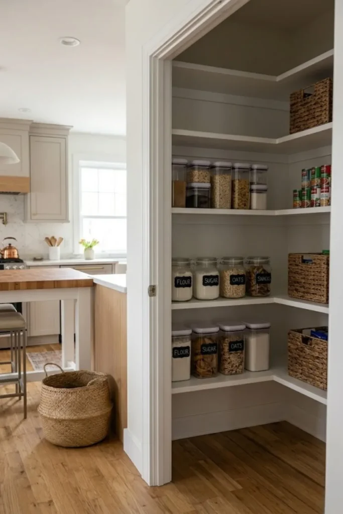 Organized pantry with chalkboard labels on jars, baskets, and containers for easy identification.