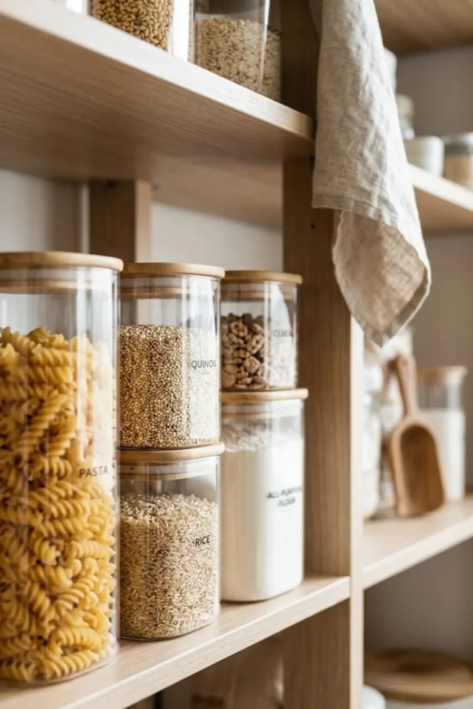 Organized pantry shelves filled with clear storage containers for pasta, cereal, rice, and baking ingredients.