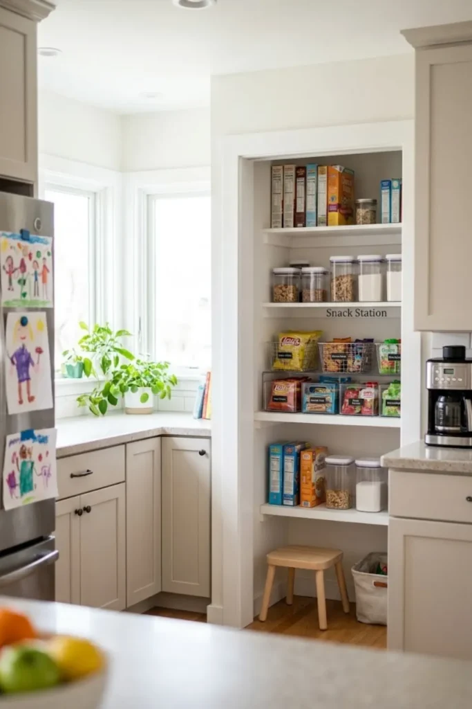 Family-friendly pantry snack station with baskets filled with chips, granola bars, and grab-and-go treats.