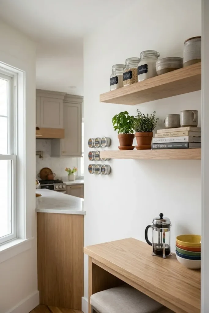 Small pantry with floating shelves maximizing vertical storage for dry goods, decor, and kitchen essentials.