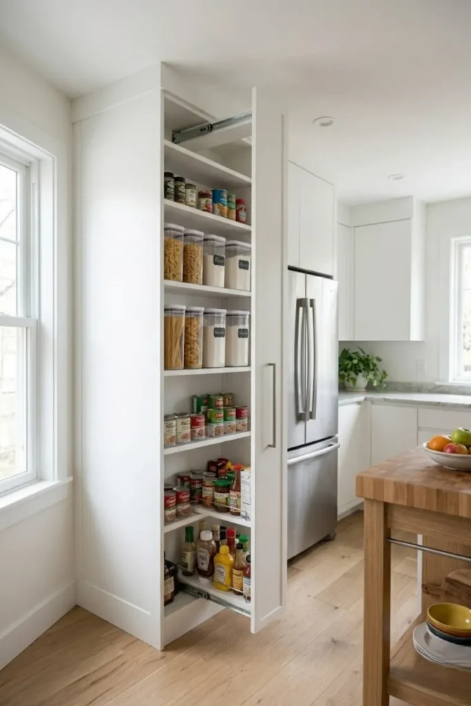 Small pantry featuring fold-out shelves that provide easy access to items stored in deep corners.