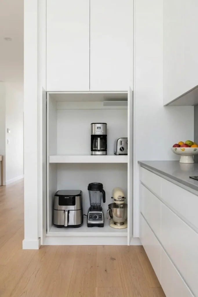 Small pantry with dedicated appliance storage shelves for blender, mixer, coffee maker, and air fryer.