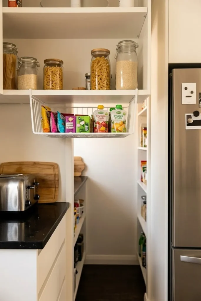Pantry shelves with under-shelf baskets creating extra storage space for bread, snacks, and kitchen supplies.