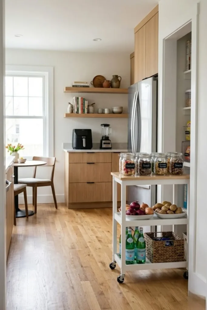 Small kitchen pantry featuring a rolling storage cart for produce, beverages, and extra pantry supplies.