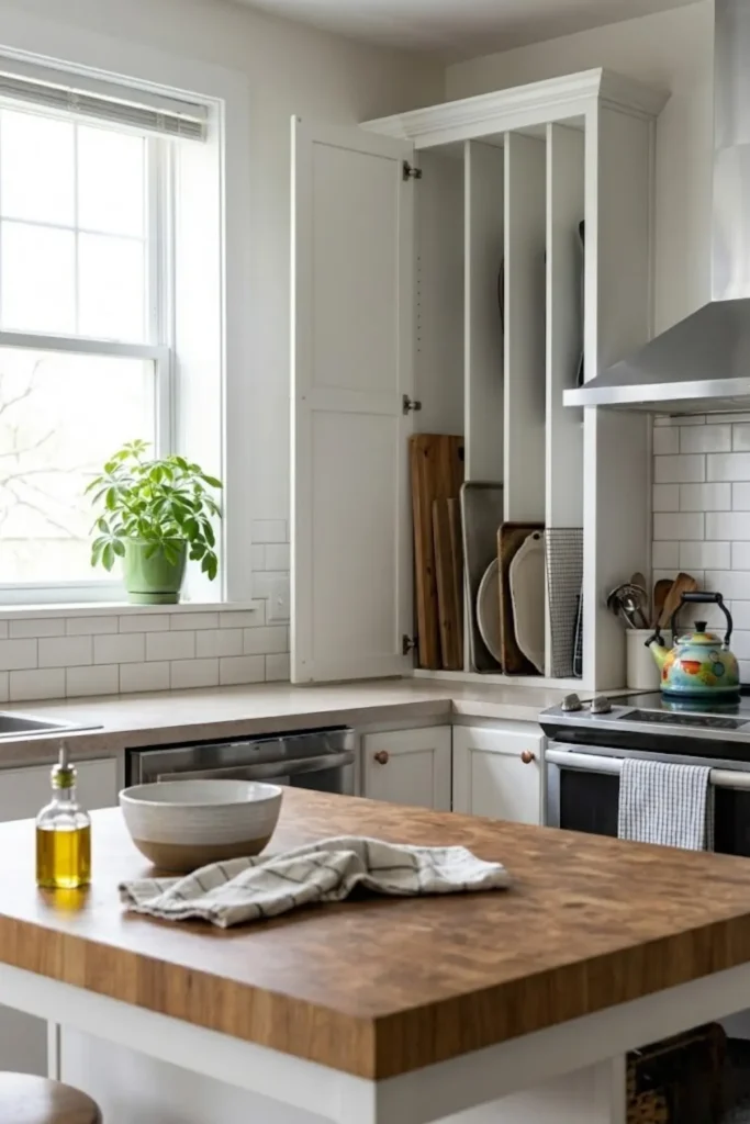 Pantry storage with vertical dividers neatly organizing cutting boards, baking trays, and serving platters.