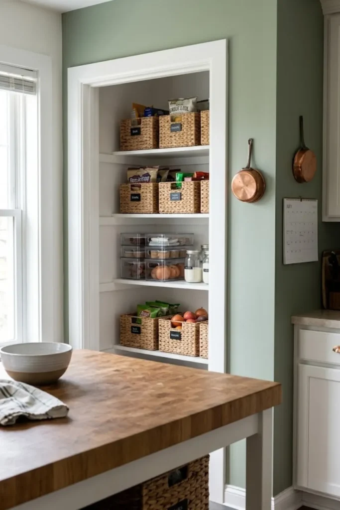 Organized pantry shelves styled with woven baskets for snacks, packaged foods, and kitchen essentials.