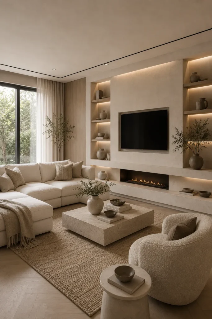 Airy open layout quiet luxury living room with spacious furniture arrangement, natural light, and refined minimalist styling