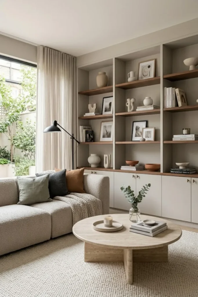 Modern living room with built-in shelving styled with books, ceramics, and balanced decor