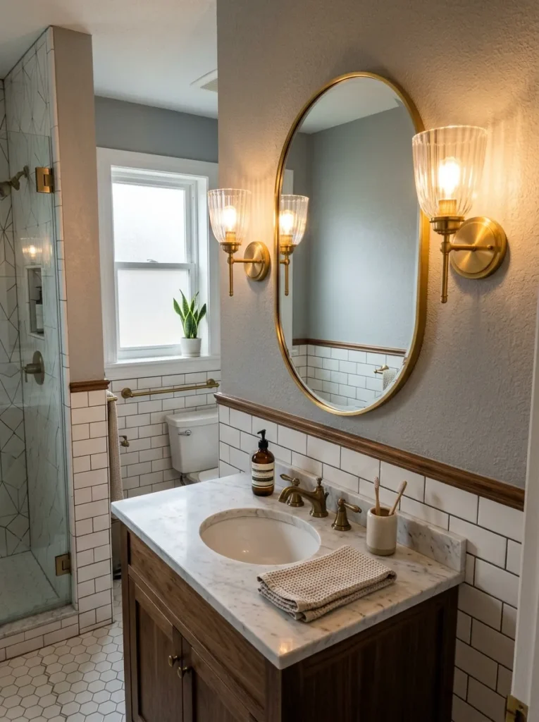 Elegant wall sconces in a compact bathroom adding designer lighting without using counter space
