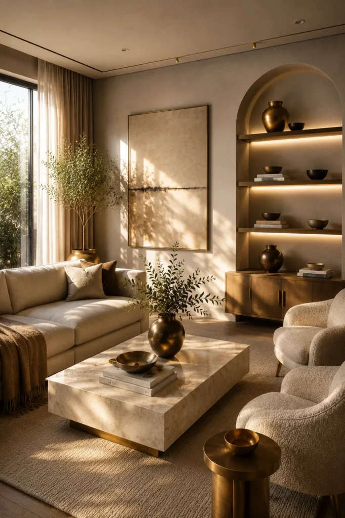 Quiet luxury living room with subtle brass and bronze details, sophisticated finishes, and warm natural daylight