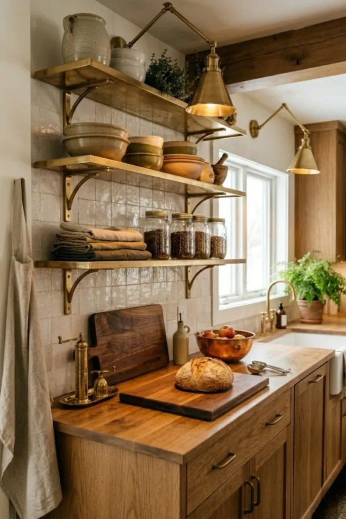 Cozy kitchen with brass cabinet hardware, warm metallic accents, and elegant details that enhance visual warmth.
