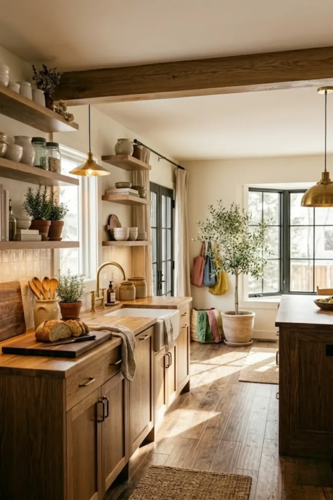 Bright cozy kitchen filled with natural sunlight, warm decor, and airy styling that feels welcoming and comfortable.