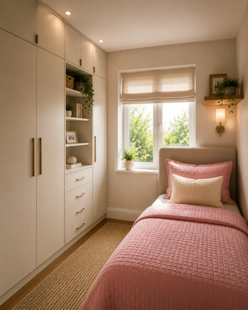 Compact box room bedroom with built-in wardrobes that maximize storage and create a streamlined look