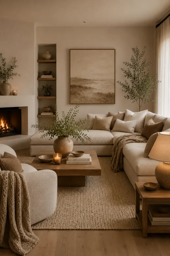 Minimal cozy living room with balanced neutral decor, soft lighting, and a peaceful atmosphere