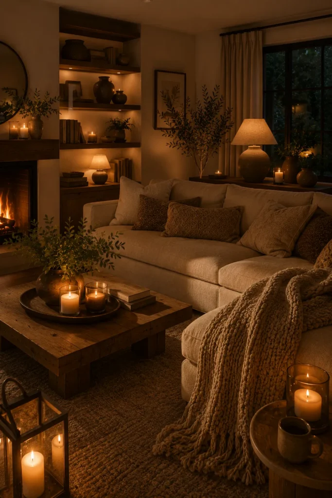 Cozy evening living room with glowing candles, lanterns, warm lighting, and layered neutral textures
