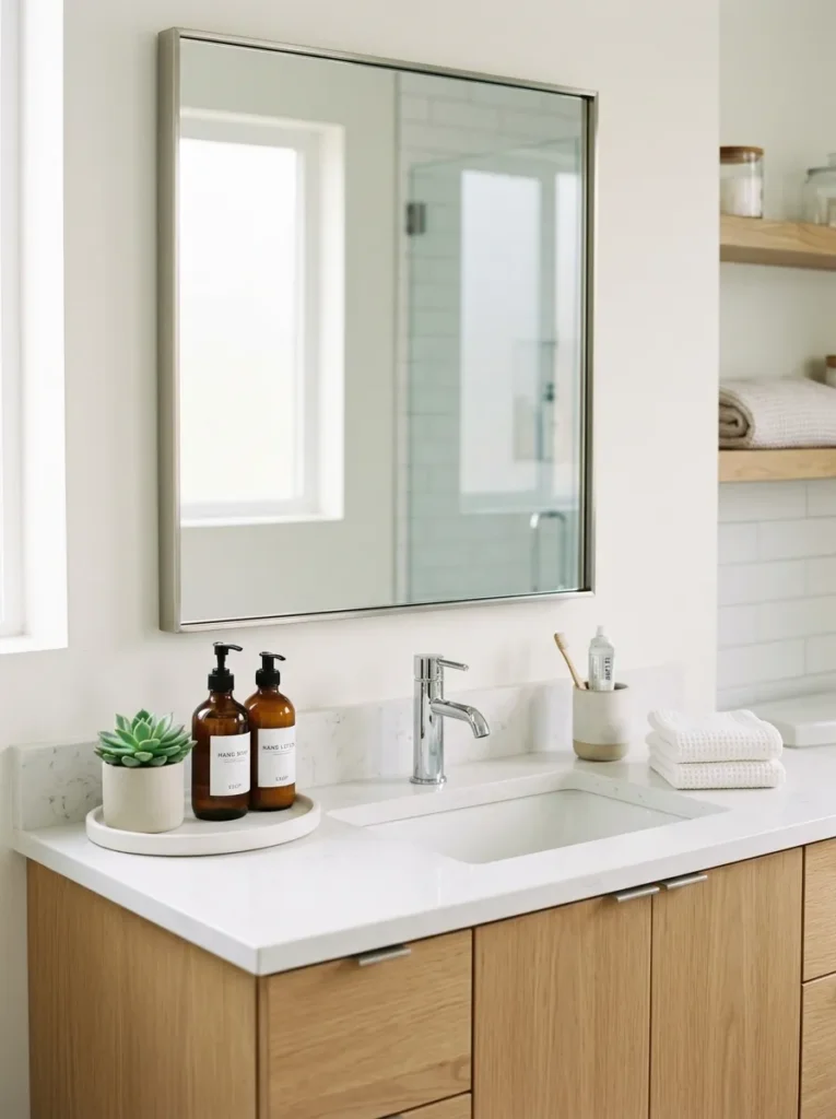 Clutter free bathroom vanity with organized essentials creating a clean luxurious and spacious feel