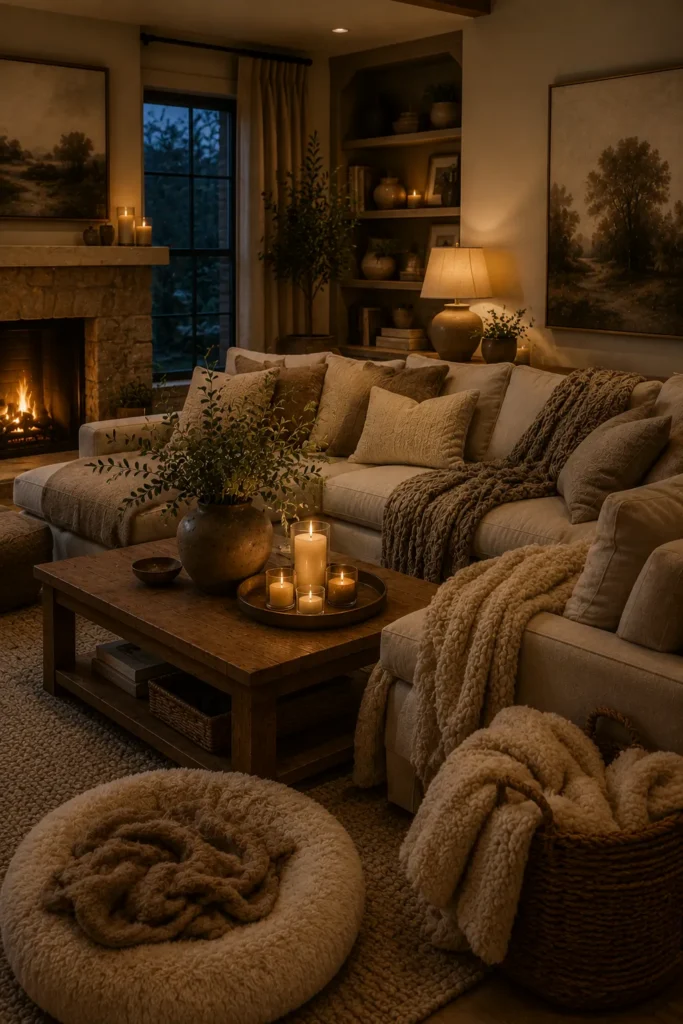 Comfort-focused cozy living room with deep seating, oversized pillows, warm lighting, and layered blankets
