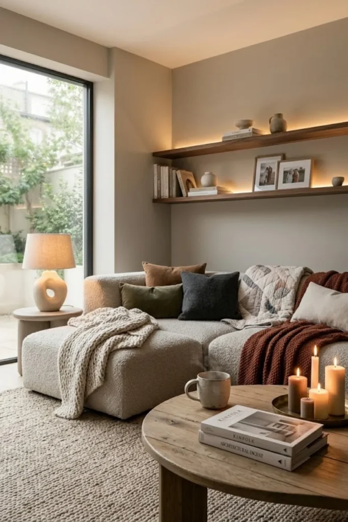 Comfortable modern living room with deep seating, cozy textures, and warm layered lighting