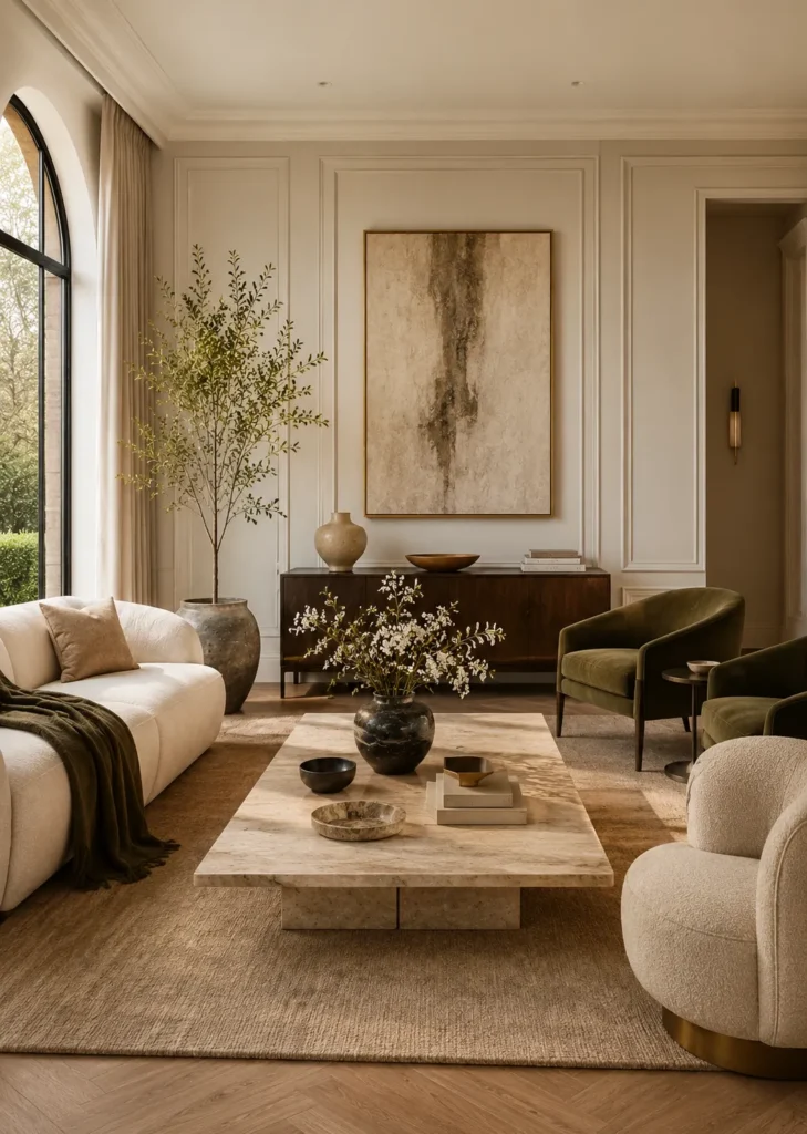 Comfortable quiet luxury living room combining plush seating, elegant styling, soft textures, and warm neutral tones