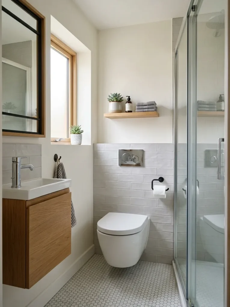 Compact modern toilet helping maximize floor space in a small bathroom layout