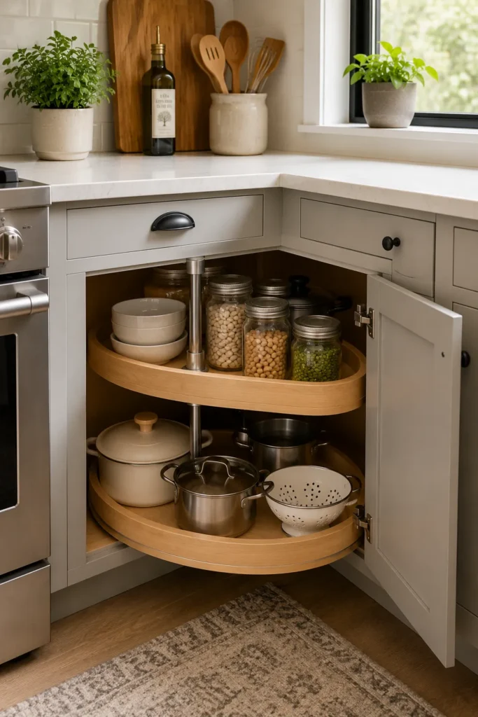 Compact kitchen corner cabinet with pull-out storage system maximizing hard-to-reach spaces